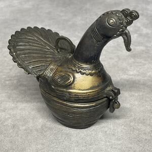 Vtg Replica of Antique Indian Dhokra Brass Peacock Shaped Hand Cast Betel Box